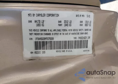 1991 Plymouth Acclaim Le from USA, damaged, VIN 1P3XA5639MF675939